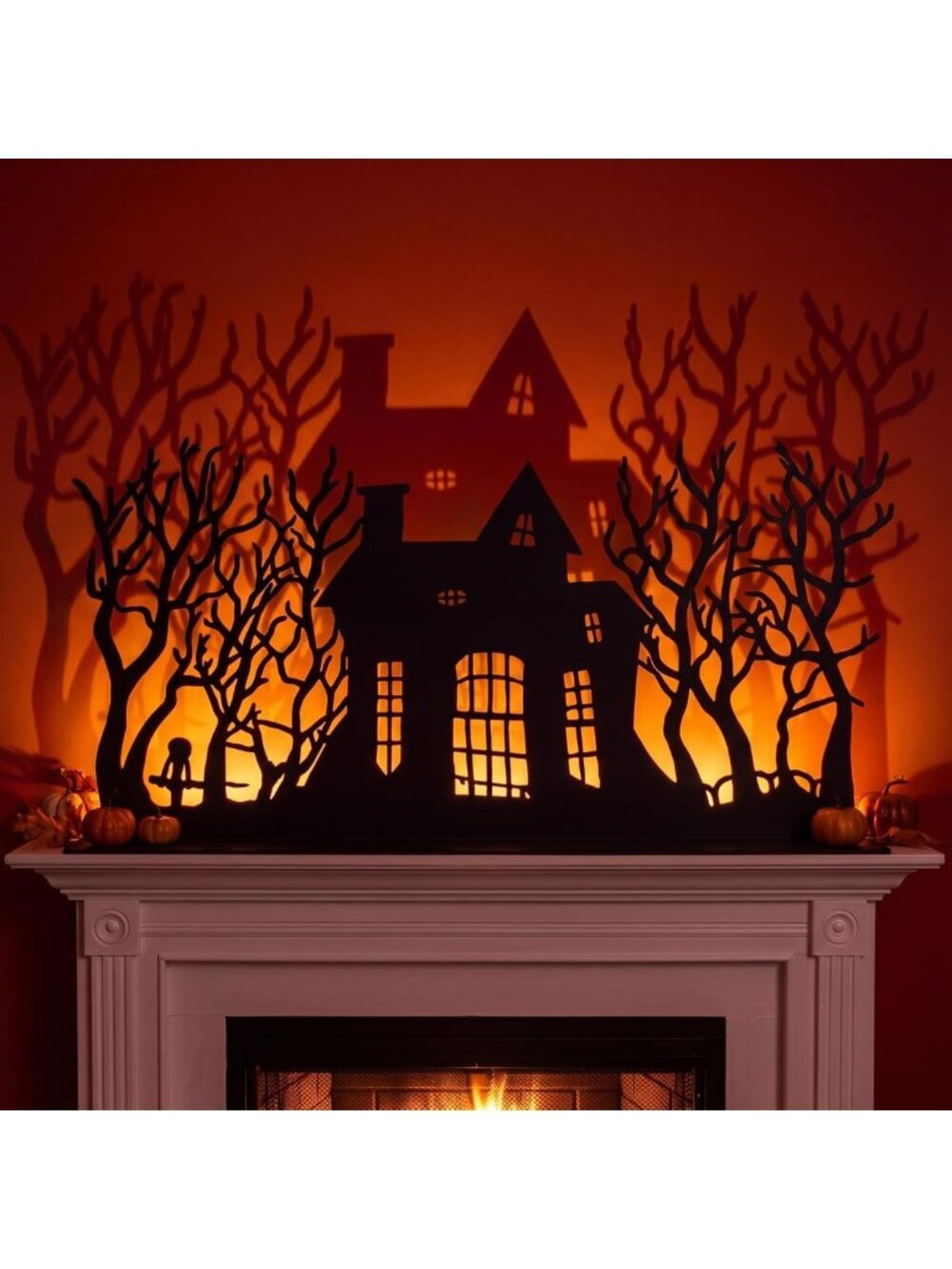Spooky Halloween Fireplace Mantel Decor - Large Black Iron Haunted House